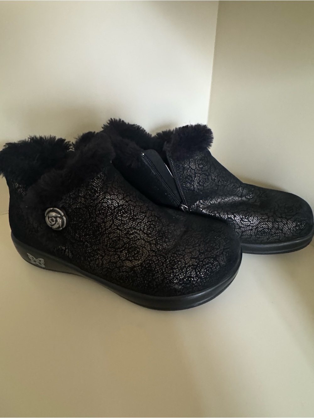 Alegria Black Fur-Trim Ankle Booties